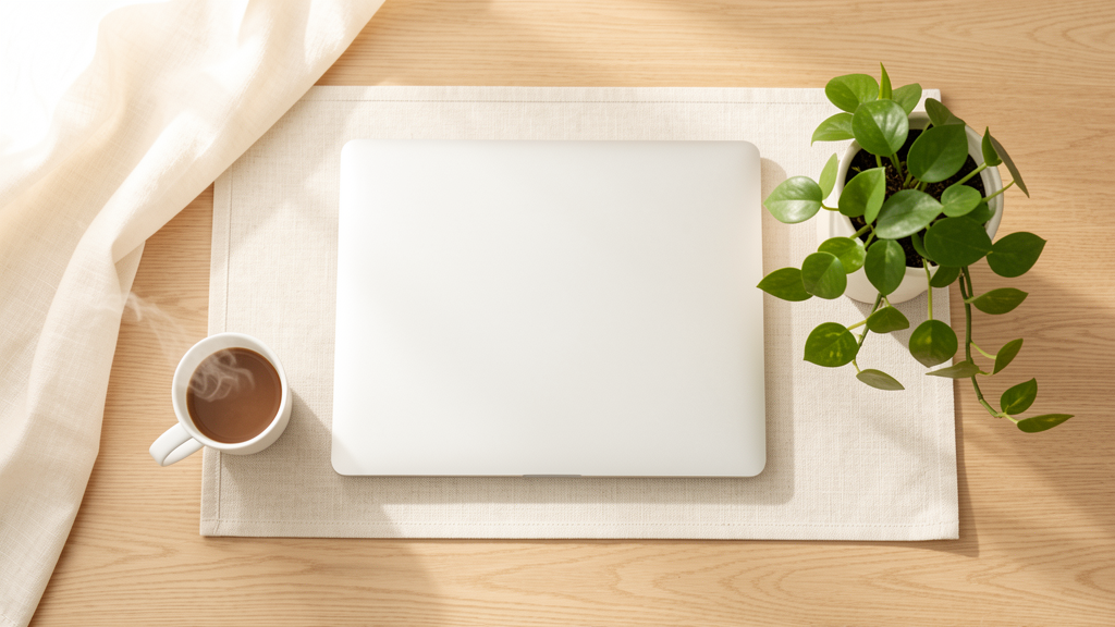 Bright minimalist aesthetic workspace flat lay with laptop mug and plant