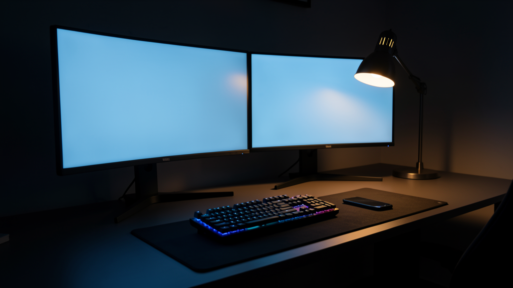 Moody modern workspace with dual monitors and smartphone face down representing digital focus